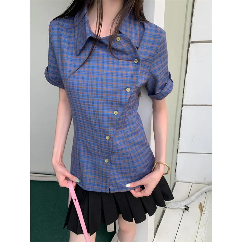 T Shirt For Women Blue Shirt Lattice Personalized Trend Fashion Thin Style Chic Summer NEW Female Clothing Short Sleeve Tops