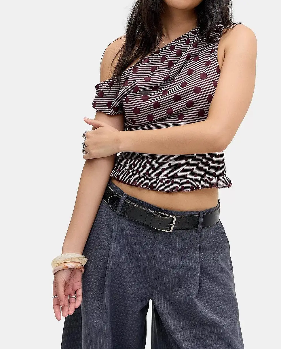 

New Womens Off One Shoulder Tops Sleeveless Dots Print Slim Fit Ruffle Hem Tank Tops Ruched Shirts Hot Sale S M L