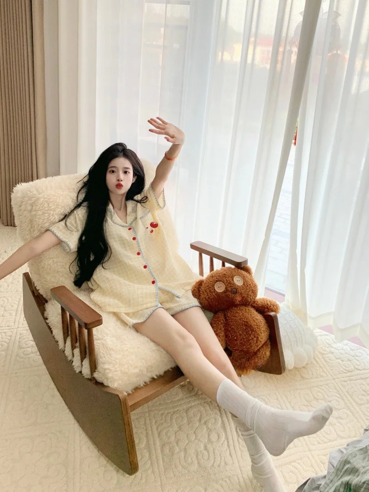 

Новый летний комплект Sweet Plaid ort Sve Spwear, женская корейская домашняя одежда с героями мультфильмов, удобная смесь хлопка и полиэстера