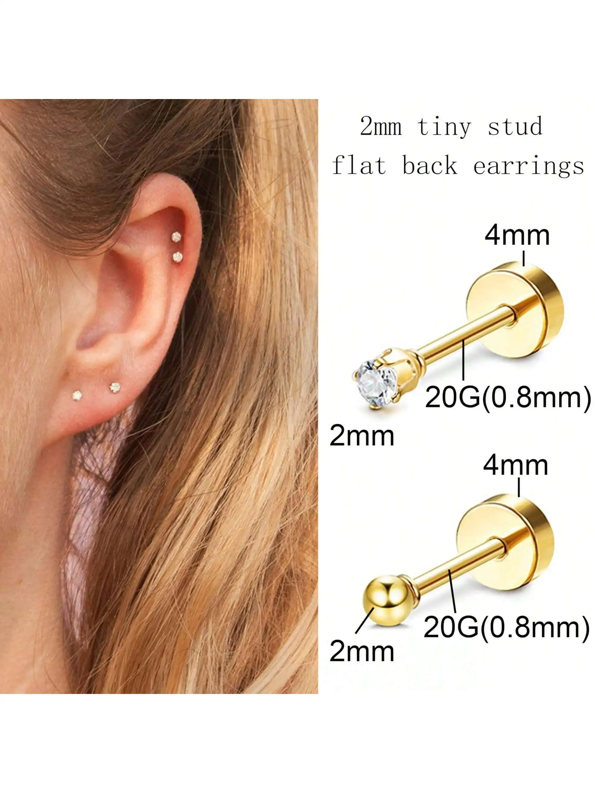 10 Pair Tiny Gold Flat Back Stud Earrings Set