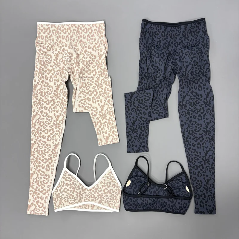 2 Piece Gym Set Women Leopard Thin Strap Sports Bra Seamless Butt Lift Stretch Yoga Leggings Fitness Workout Running Activewear