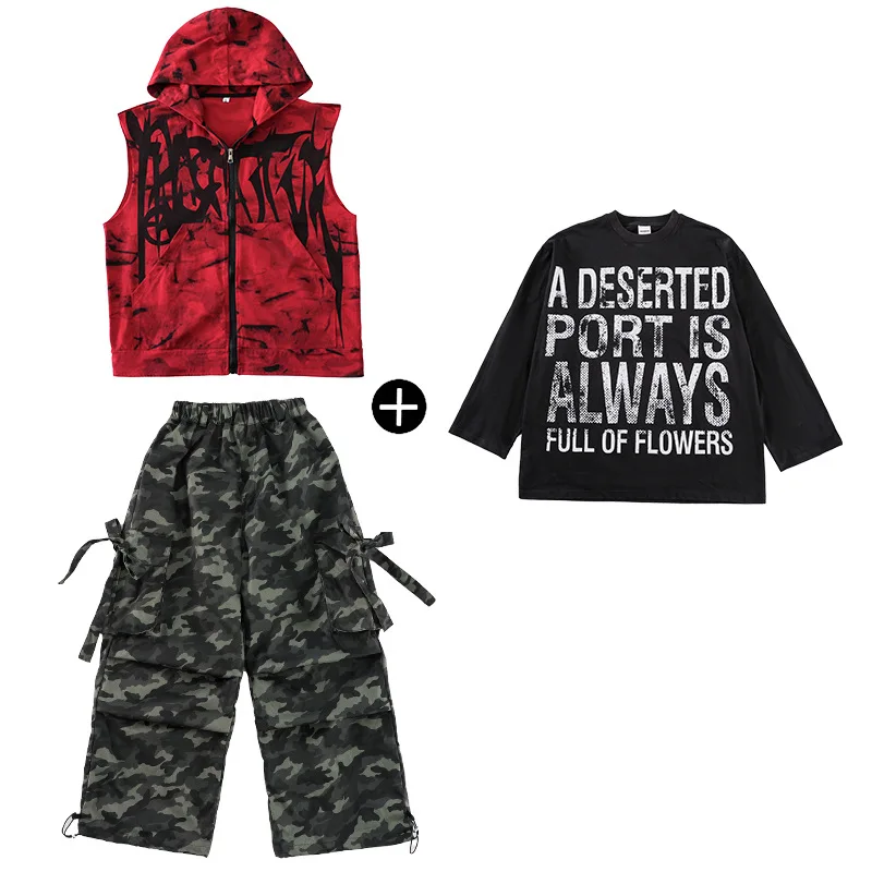 Jungen K-Pop Cool Print Kapuzenweste Street Dance Camo Hosen Kostüm Jungen Hip Hop Langarm Top Gruppe Streetwear Kleidung Sets