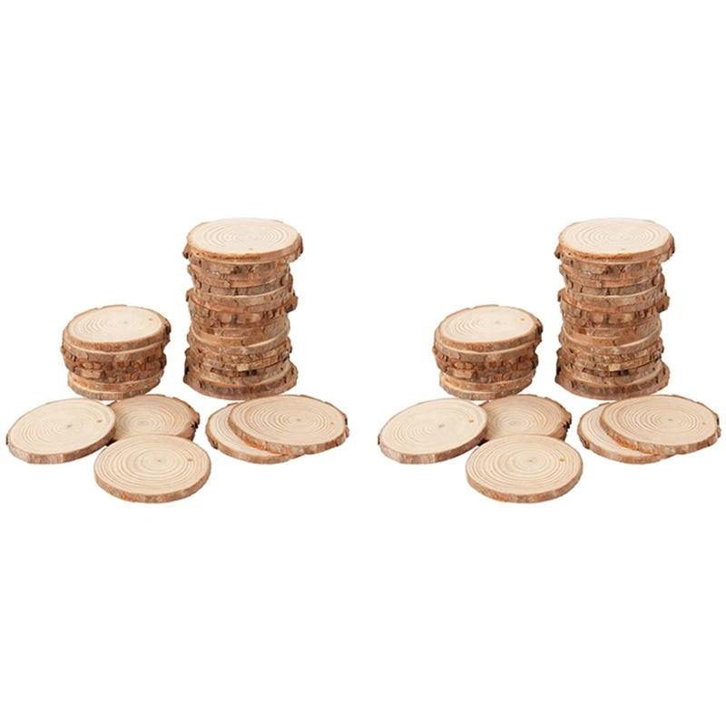 80Pcs 3-4CM Unfinished Natural Round Wood Slices Circles With Tree Bark Log Discs For DIY Crafts Home Party Decoration