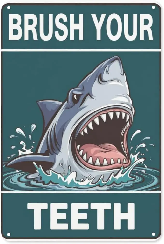 Ocean Hygiene Tin Sign 8X12IN Playful Metal Wall Art for Kids Bathroom, Dentist Office & Shark Theme Decor sign