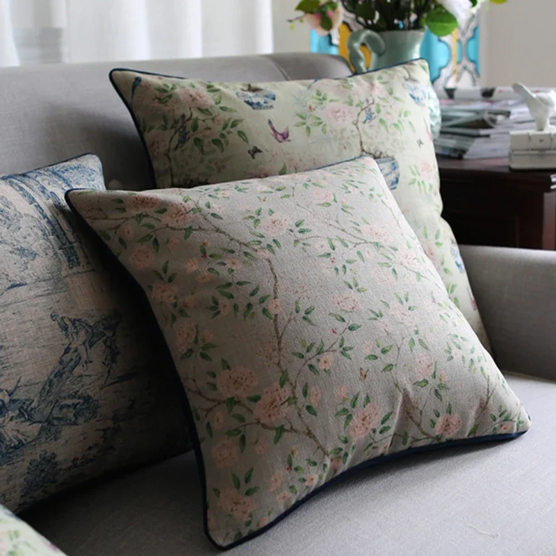 Reversible 45x45cm Cushion Cover Retro Cotton-Linen Floral Front & Deep Blue Velvet Back, Elegant Piped Edge Pillowcase for Home