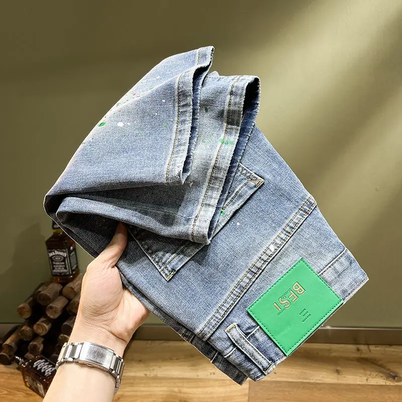 Blauwe shorts voor heren Casual high-end trendy merk Patch Ripped Ink Splashing Denim Shorts Rechte slim-fit middenbroek voor heren