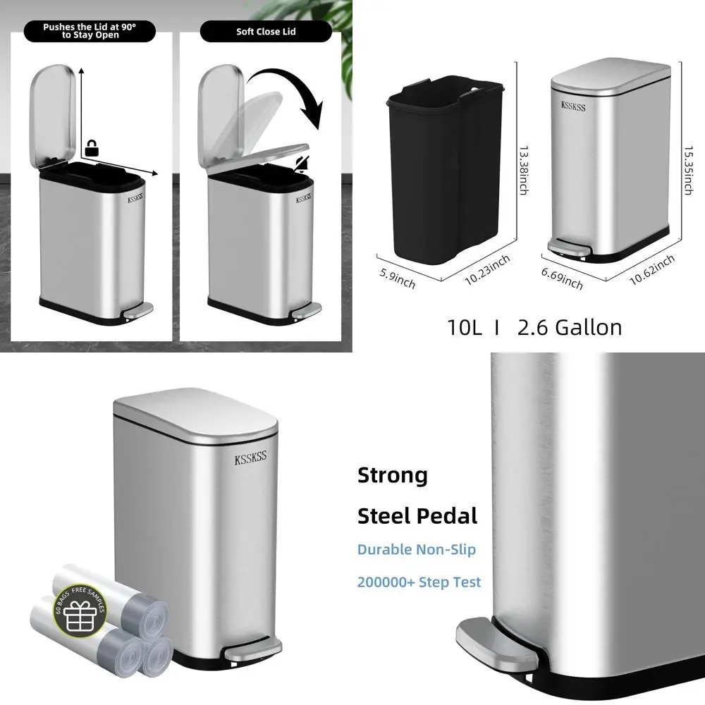 

10L Stainless Steel Slim Trash Can with Soft-Close Lid for Bathroom and Bedroom, Silver