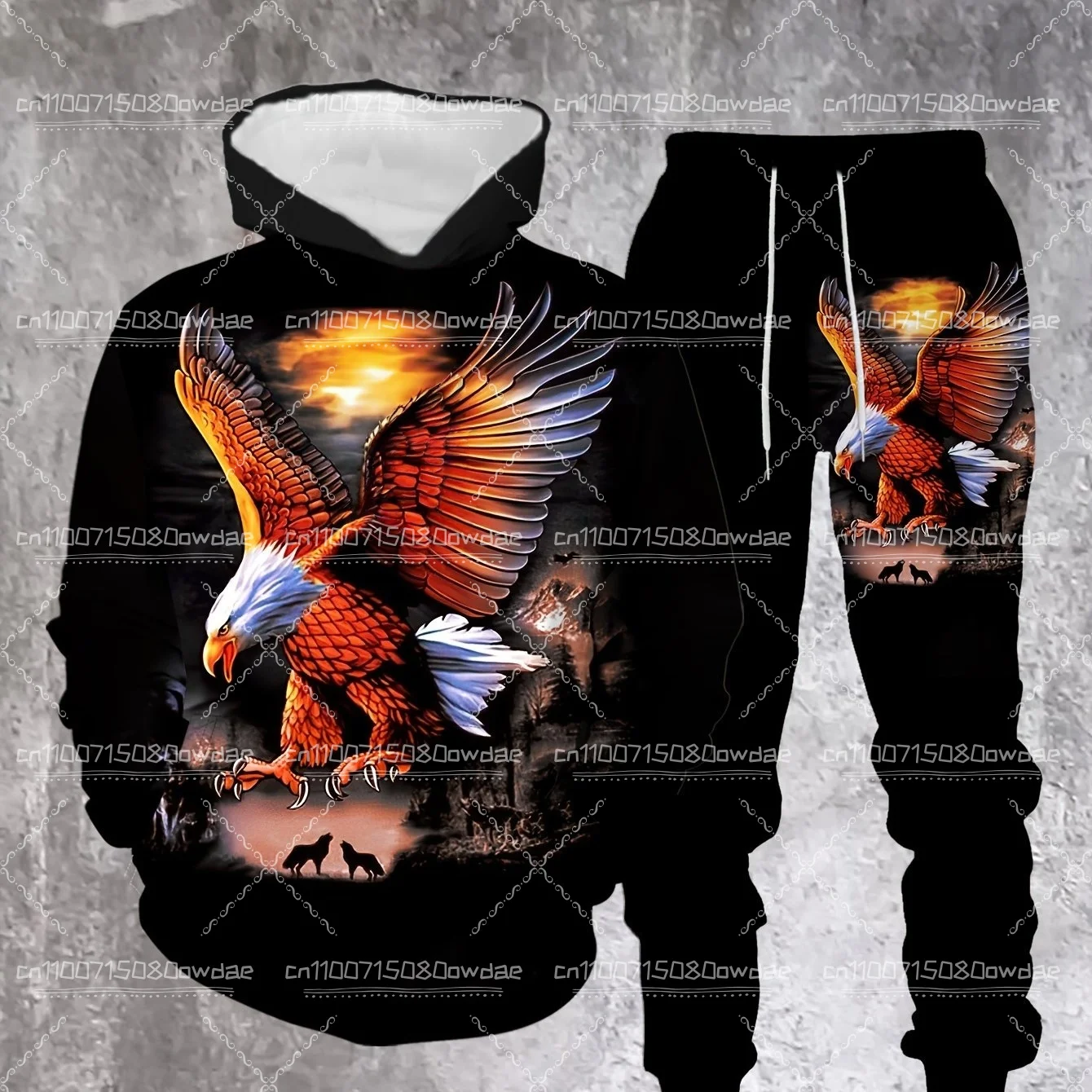 

Мужская осенне-зимняя повседневная толстовка с капюшоном и спортивные штаны с 3D принтом орла, комплект из двух предметов