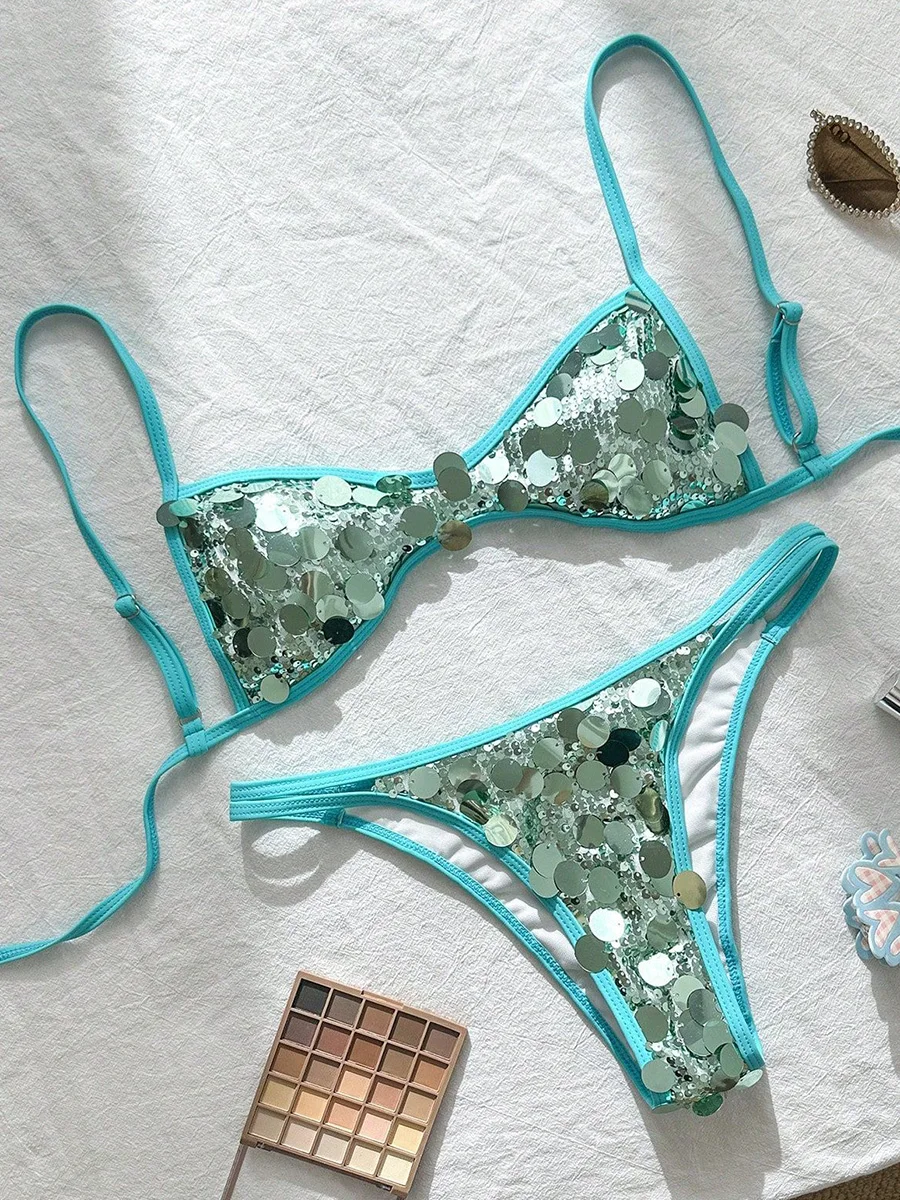 

XS - L Glitter Sparkling Squins Halter Bikini Women Swimsuit Female Swimwear Two-pieces Bikini Set High Cut Bathing Suit Swim