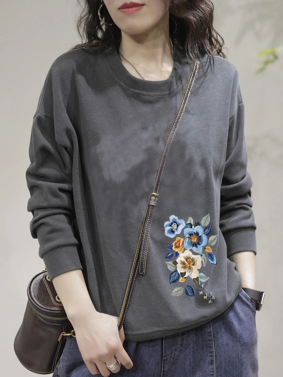 Loose Fit Women's Long Sleeve Sweatshirt round Neck Printed Cotton Comfortable Spring Autumn Top Trendy Inner Wear Base Layer
