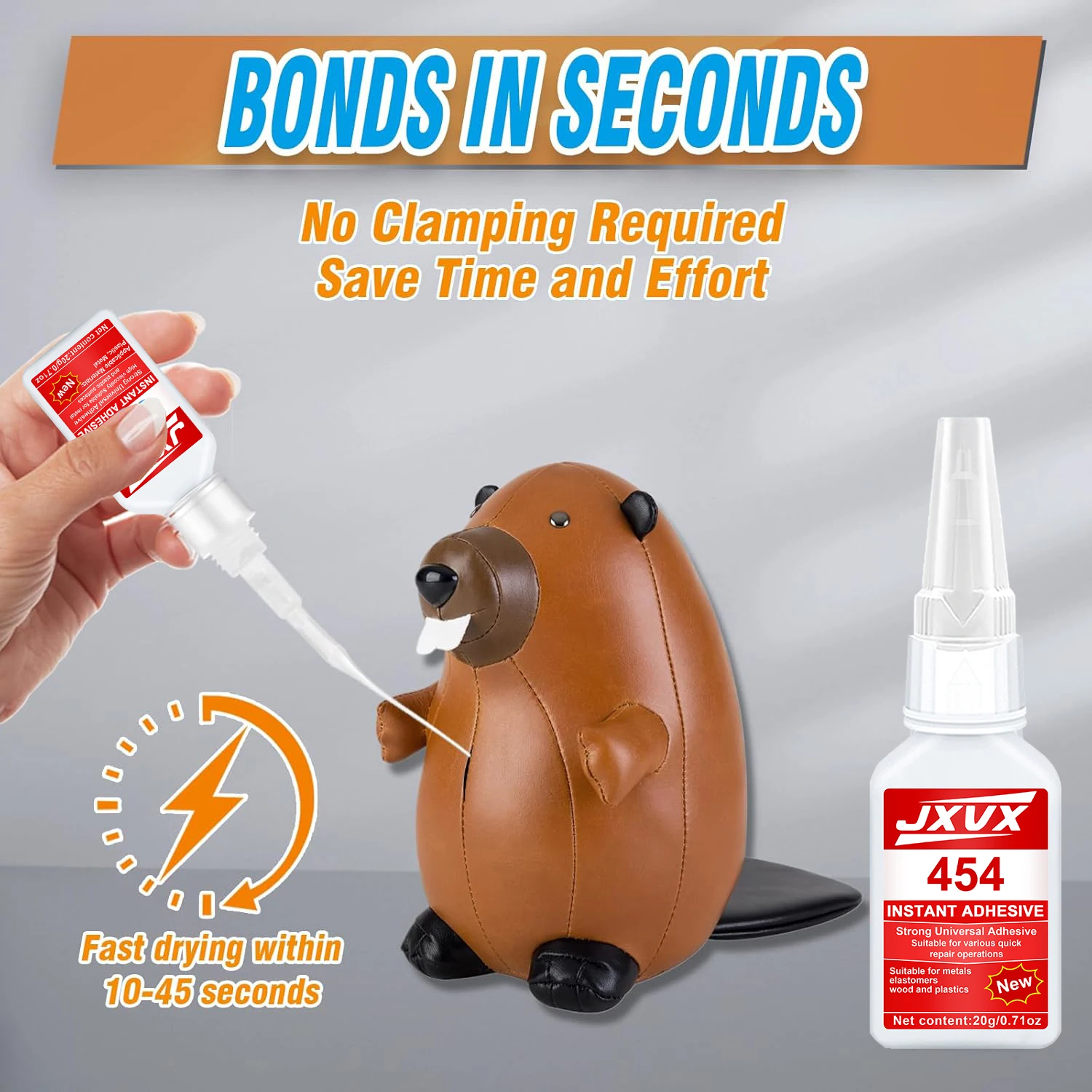 JXVX 454 Supercola, Supercola com nova fórmula, Baixo odor, Secagem rápida, Forte aderência, Antienvelhecimento, Adesivo transparente à prova d'água para reparos sem costura, Adesivo líquido incolor superforte