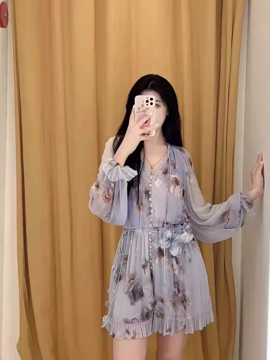 

Z Home Luxury Light Spring Summer Vacation New Lavender Pale Purple Floral Pattern V Neck Lantern Long Sleeve Belted Jumpsuit