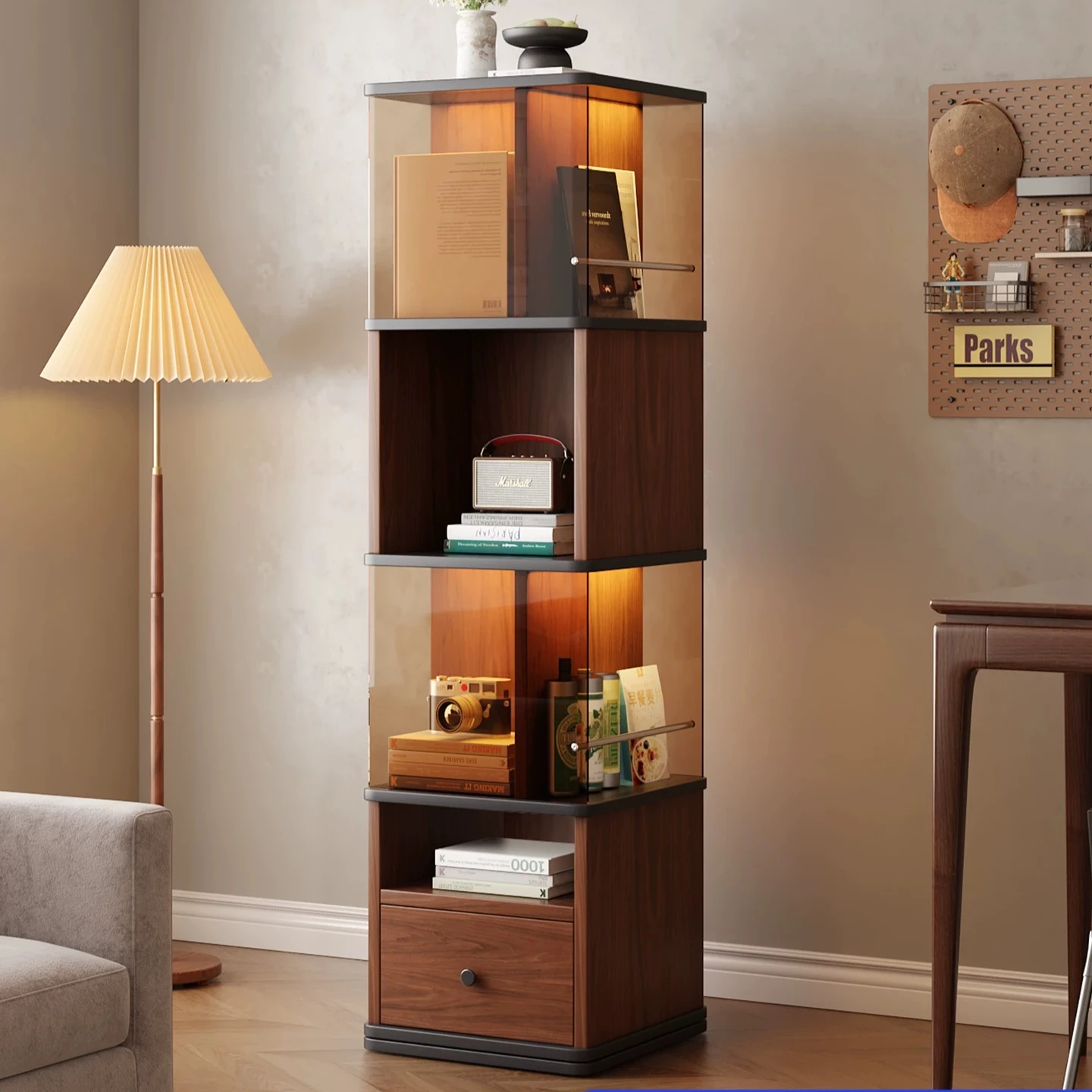 Retro Medieval Style Rotating Floor Standing Corner Bookcase Living Room Storage Cabinet for Home Study