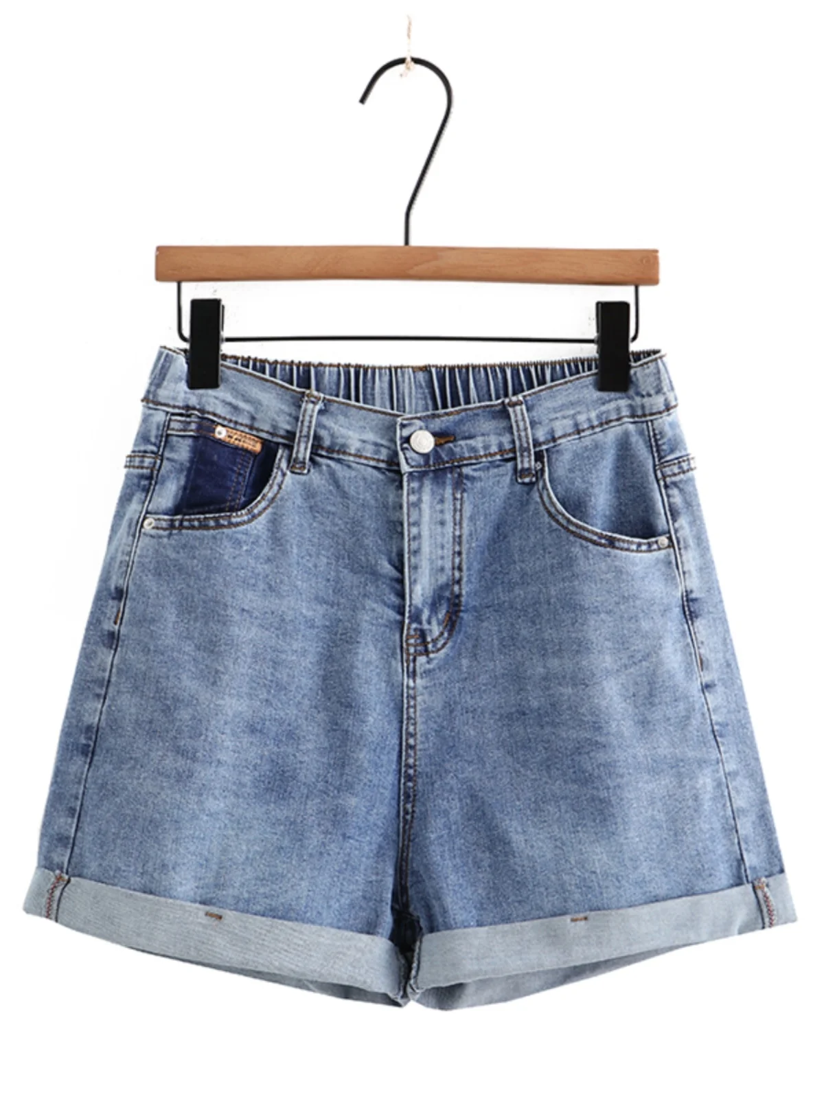 Summer New Fashion High Waist Shorts Women's Jeans High Waist Cotton Stretch Denim Pocket Label Large Size Cuffed Short Pants