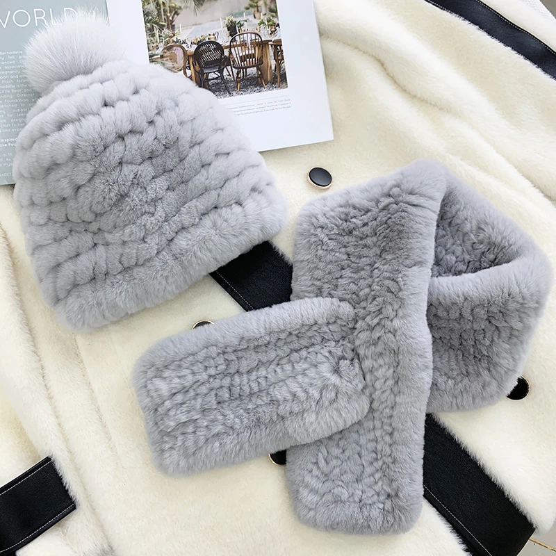 Winter Real Rex Rabbit Fur Hat Scarf Set Natural Fur Round Hat Thickened Fur Neck Warmer Casual Real Fur Scarf Elastic Fur Hats