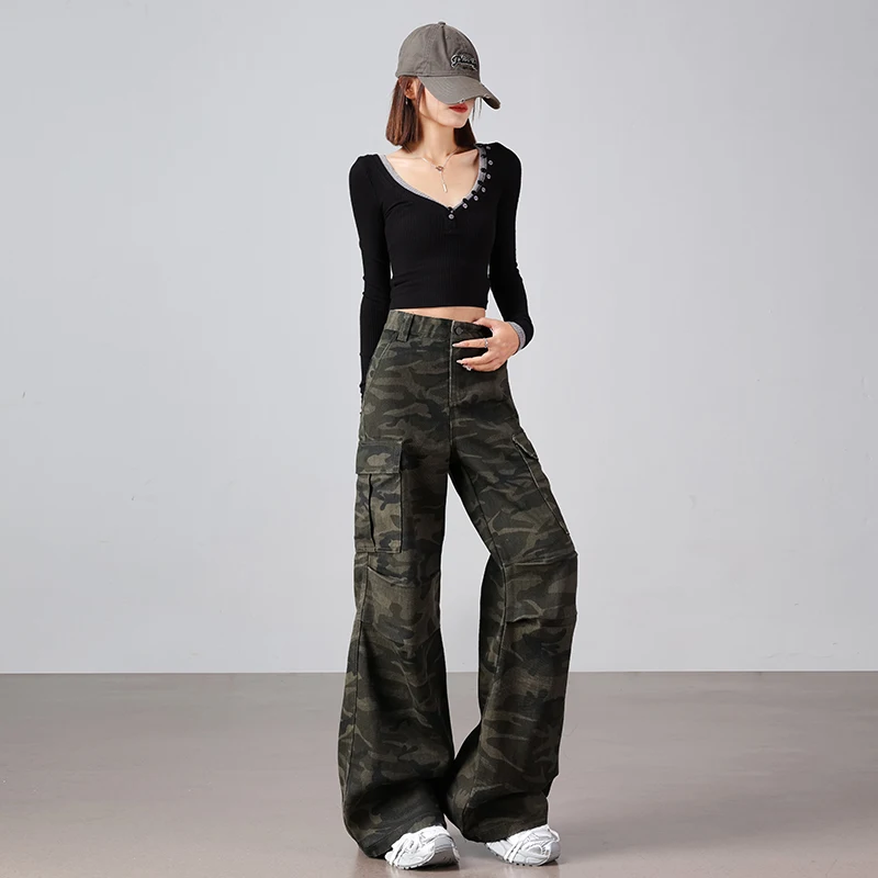 American high street retro camuflagem perna larga jeans feminino casual solto em linha reta calças compridas rua sle água wa