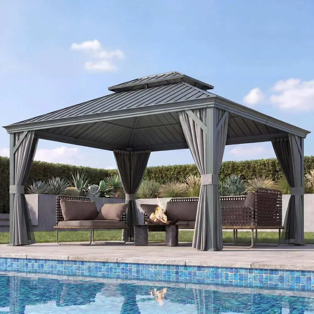 

Domi 10x12 Outdoor Gazebo, Hardtop Gazebo with e, Heavy Duty Pavilion Gazebo or Patio Deck Backyard, Curtain and Netting Include