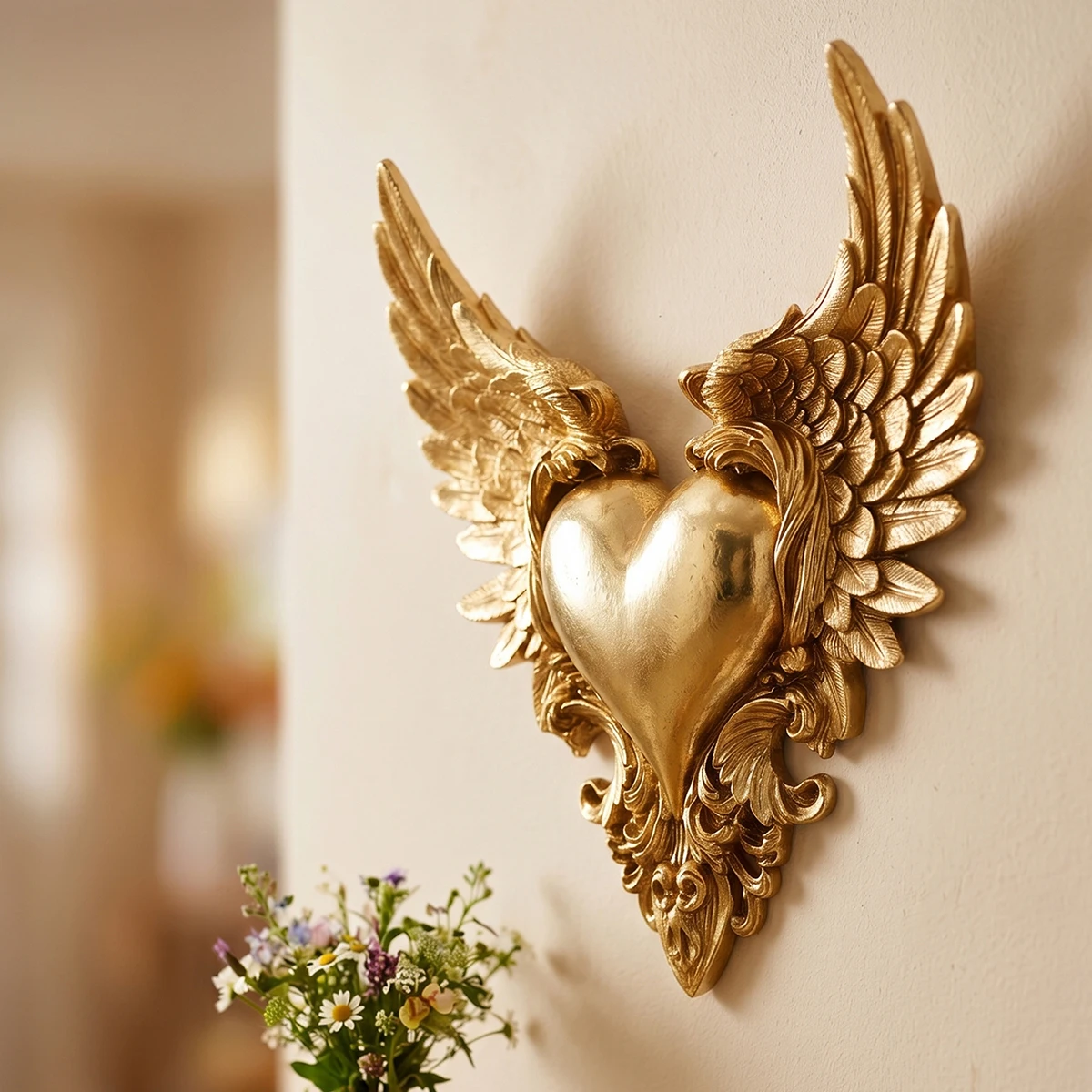 1PC, European-style Golden Resin Heart-shaped Wings Wall Decoration, Luxurious Angel Wings Soft Decoration for Wedding Rooms