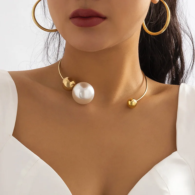 DIEZI Fashion Imitation Pearl Torques For Women Elegant Gold Silver Color Metal Choker Statement Chain Necklace New Jewelry