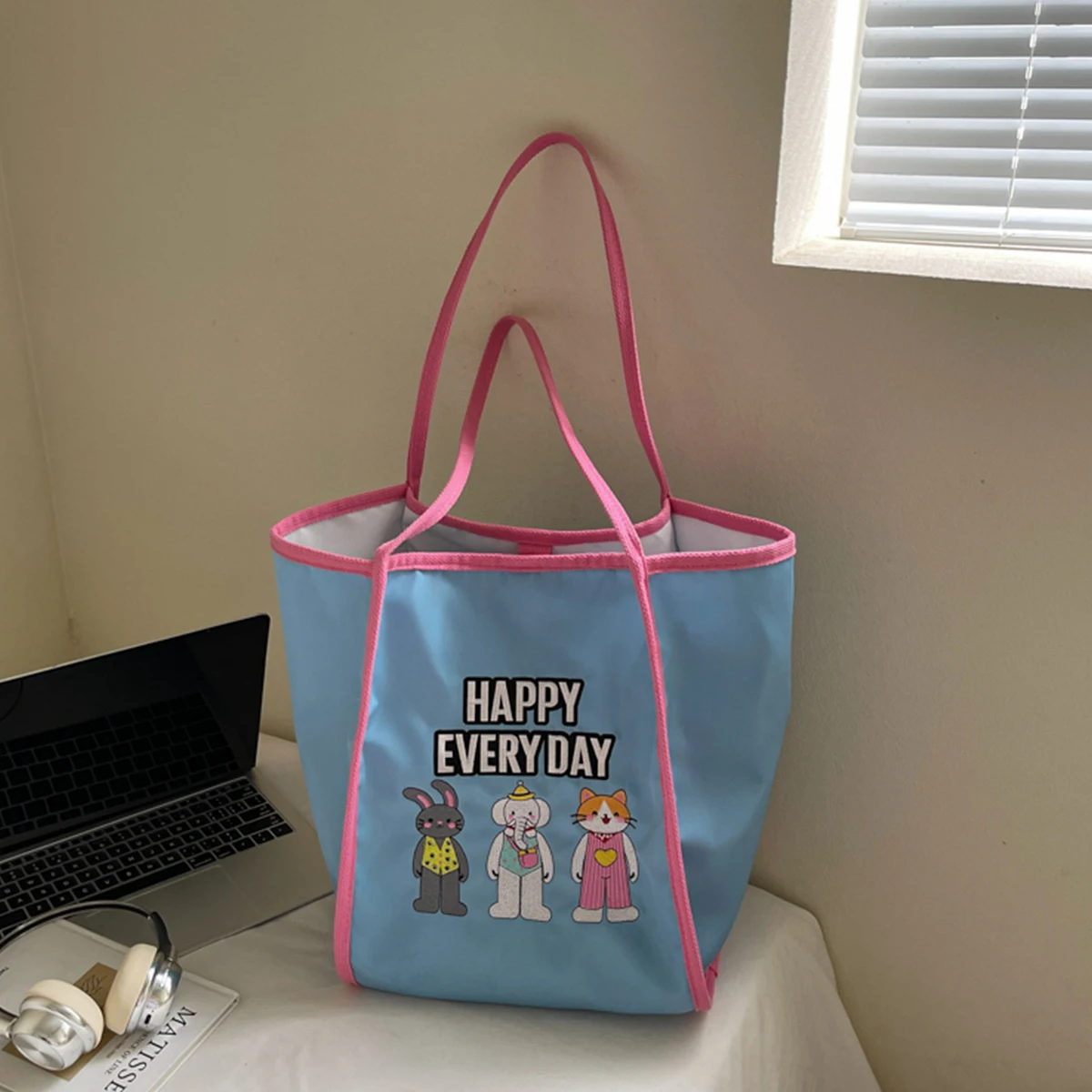 

Commute Companion Women Quilted Cartoon Tote Bag Playful Letter Accent Nylon Shopper Lightweight Snap Closure Large Capacity
