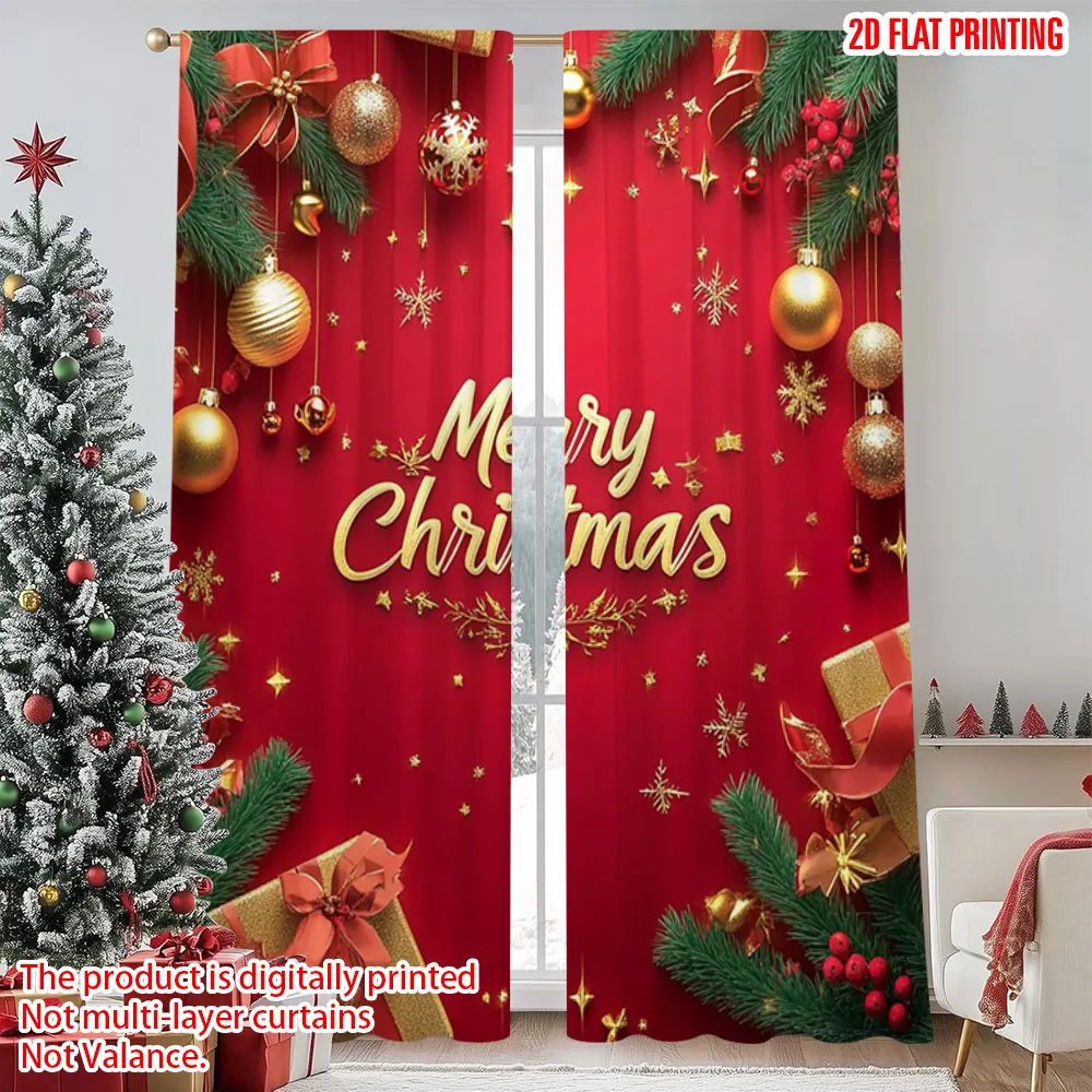 

2pcs 2D flat printing Merry Christmas Popular Window Curtains merry christmas 04 Machine Washable Polyester Without Electricity