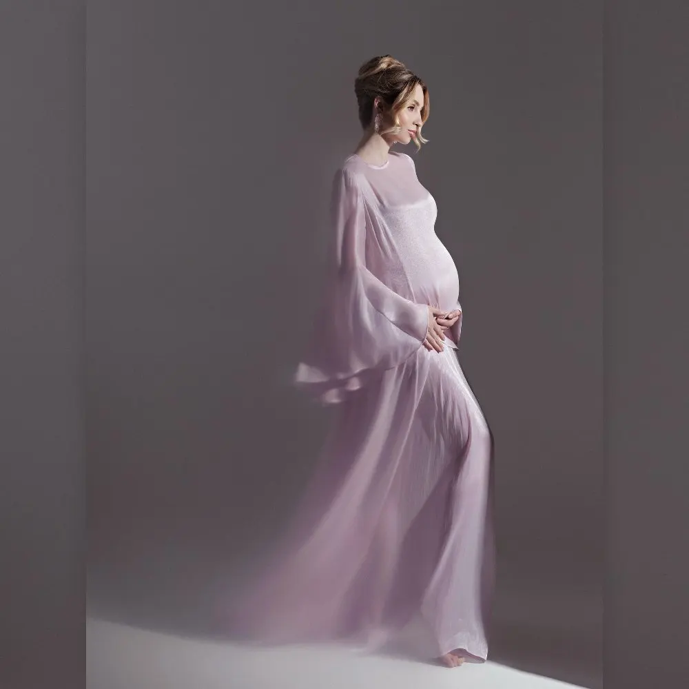 Pastel Pink Boho Maternity Maxi Dress with Flowy Bell Sleeves, Chiffon Sheer Summer Dress, Summer Style, Elegant Photo‑Shoot