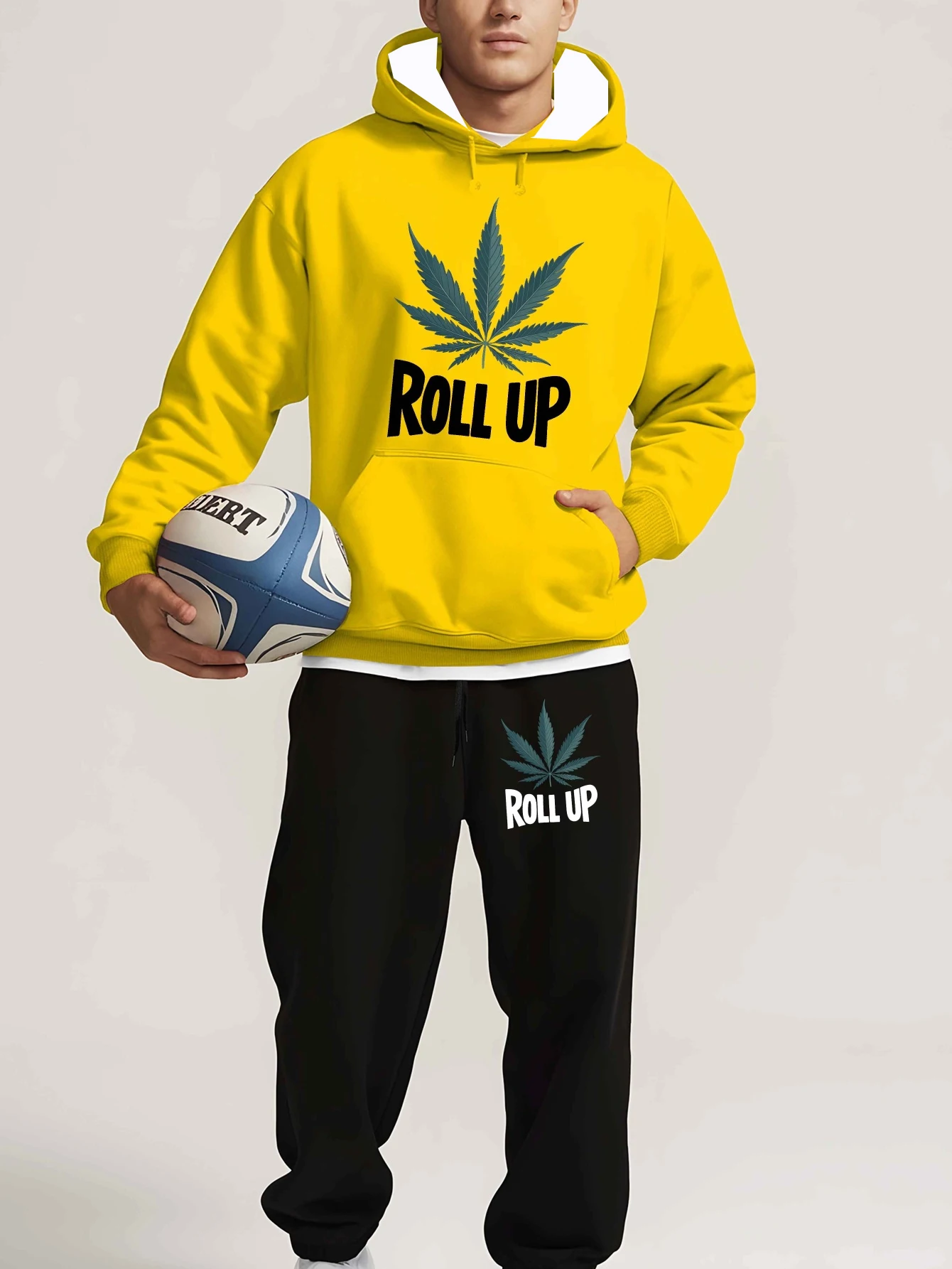 

2025 Autumn and Winter Men's Leaf Print Hoodie Warm Pullover Kangaroo Pocket High-end Luxury Hoodies Pants Suits