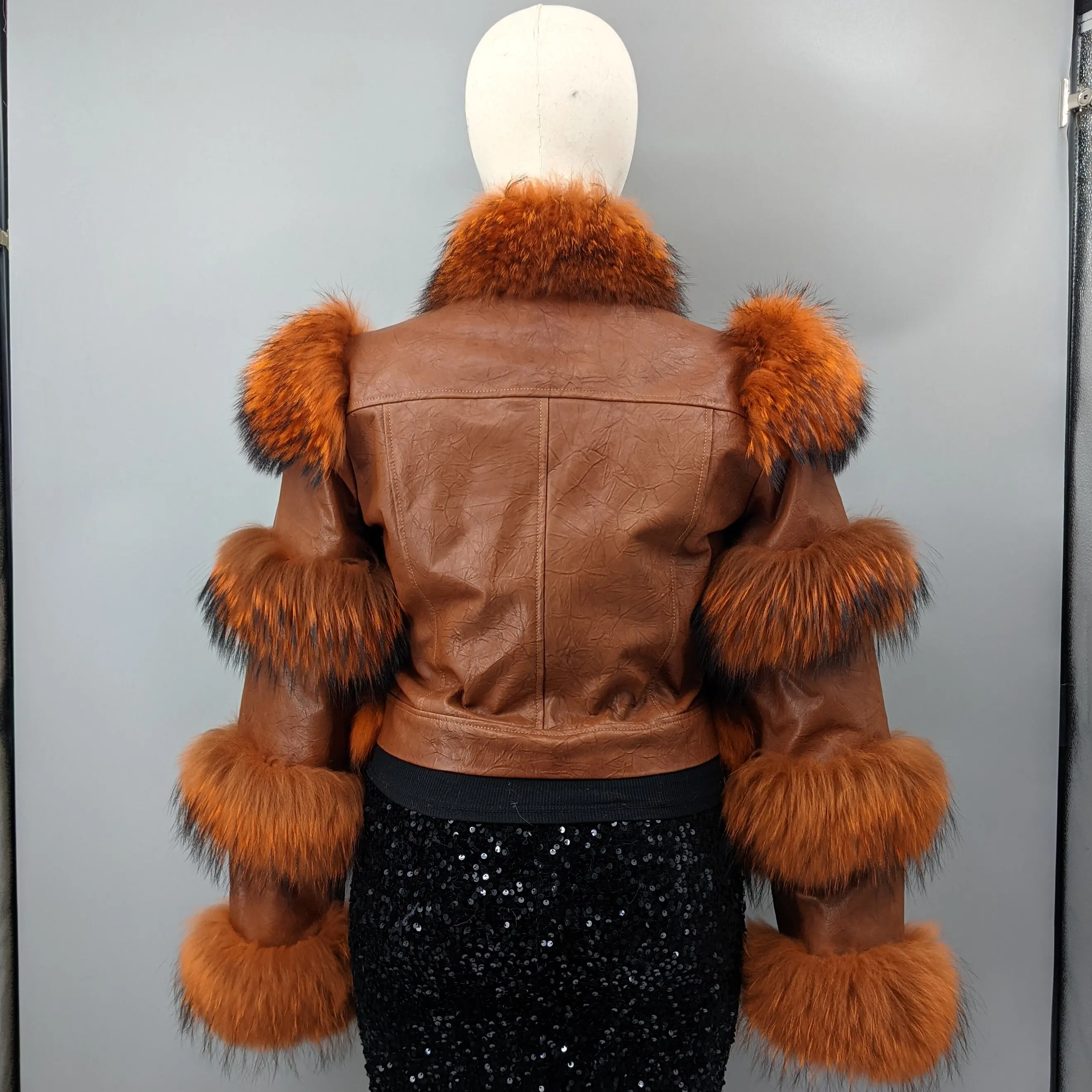 Real Sheepskin Moto Jacket Reddish Brown Short Biker Coat Real Raccoon Fur Collar Front Fur Trim Winter Outerwear 23A0413