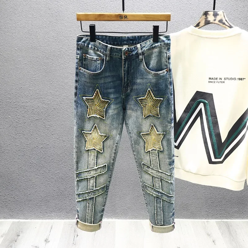 

New Embroidery Stars Designer Splicing Jeans Men Korean Fashion Retro Distressed Patchwork Stretch Slim Male Denim Trousers S75