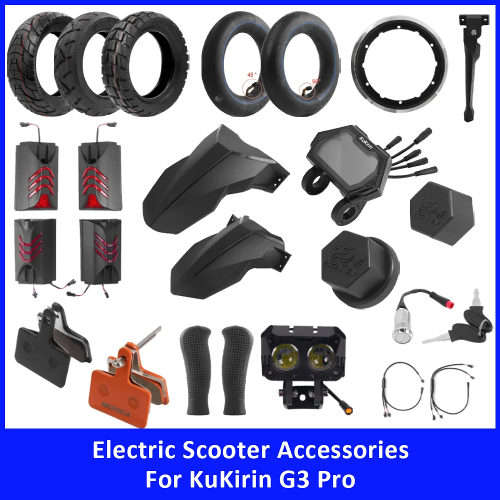 

Аксессуары для самоката KuKirin G3 Pro: приборная панель, переднее и заднее крыло, фара, ручка, внешняя шина, внутренняя камера, тормозная колодка, боковой фонарь