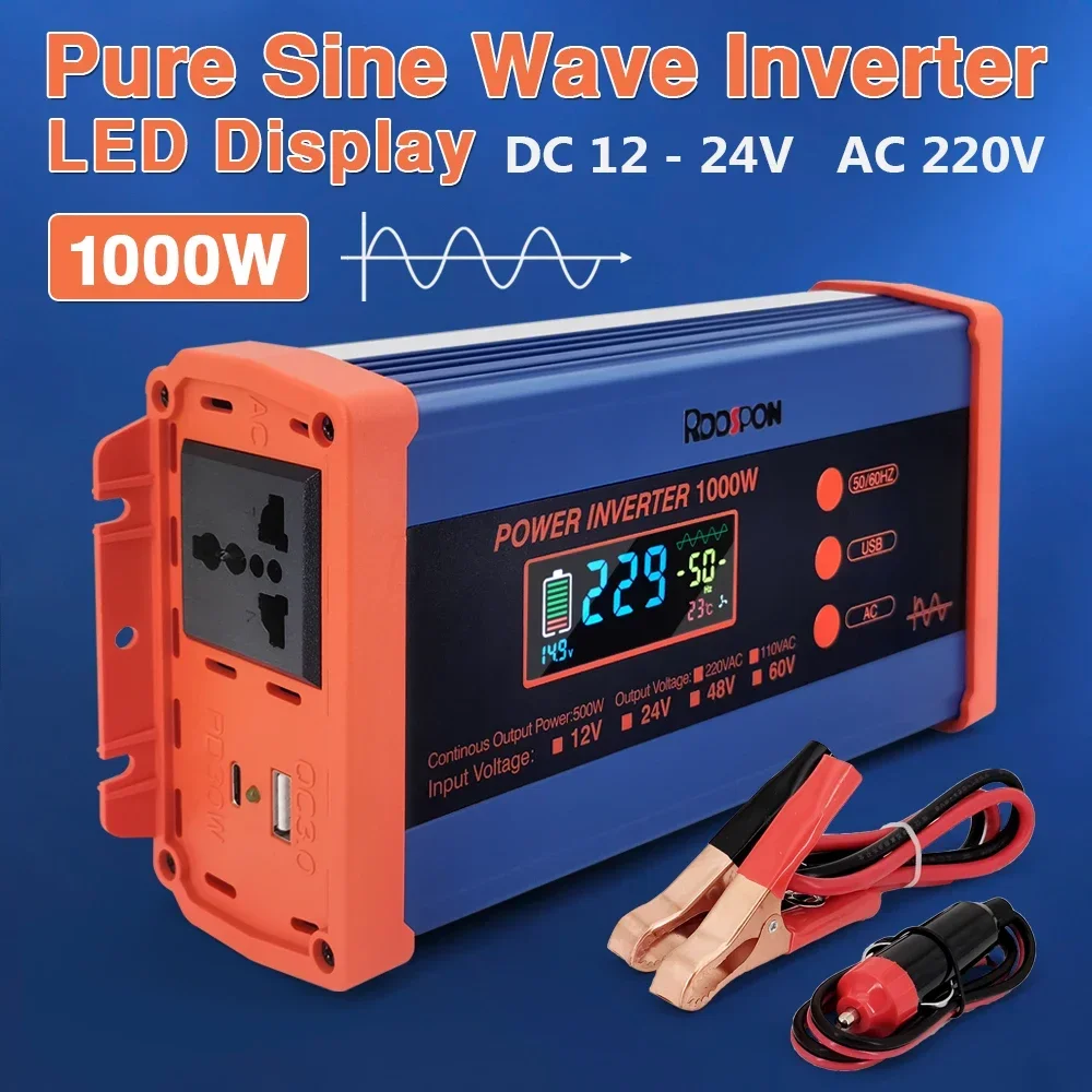 

Car Pure Sine Wave Inverter DC 12V 24V To AC 220V 1000W Voltage Transformer Power Converter Solar Inverter With LED Display