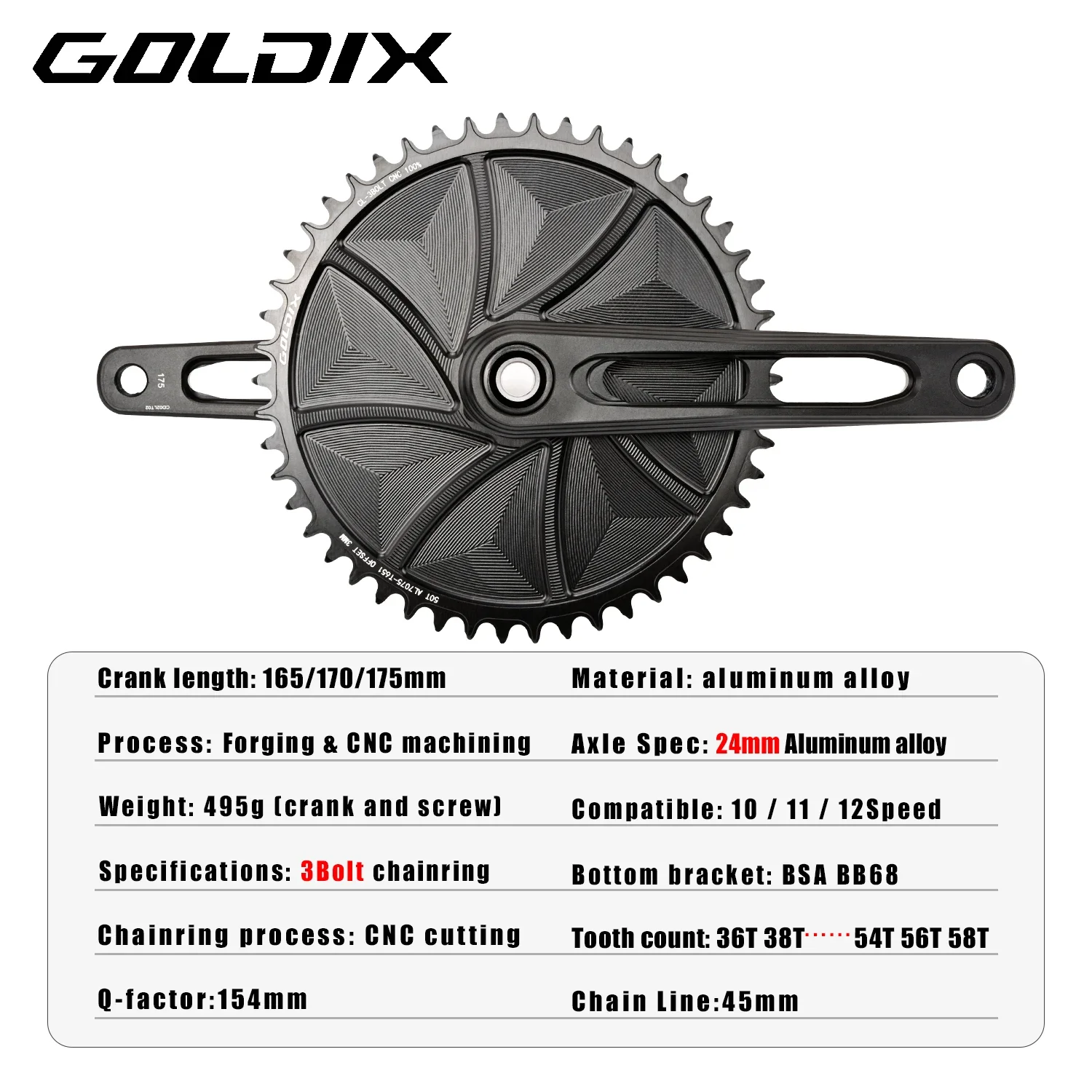 GOLDIX Road Bike Crankset 165/170/175mm Length Aluminum Alloy Forged Bicycle Crank Single Speed Narrow Wide Chainring