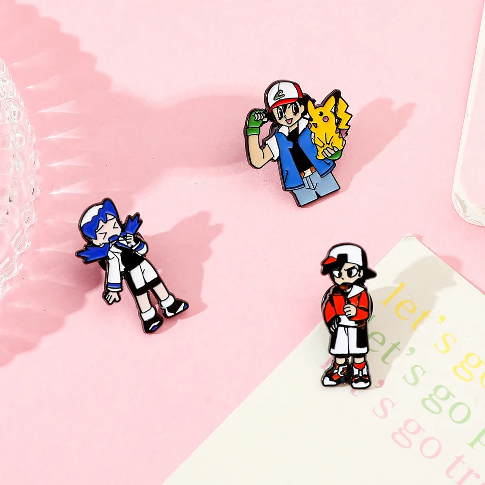 3 Pcs Challenge Anime Cartoon Brooch Ash Pikachu Combination Enamel Pin Metal Badge Jewelry Clothing Backpack Accessories Gift