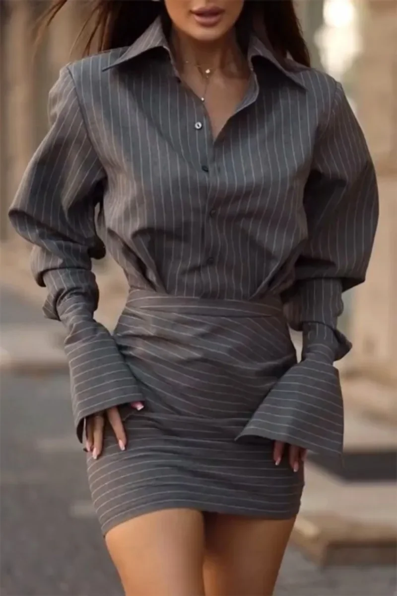 Elegant Striped 2 Piece Skirts Set Women Slim Single Breasted Blouse Hip Package Mini Skirt New Female Office Matching Sets Y2k