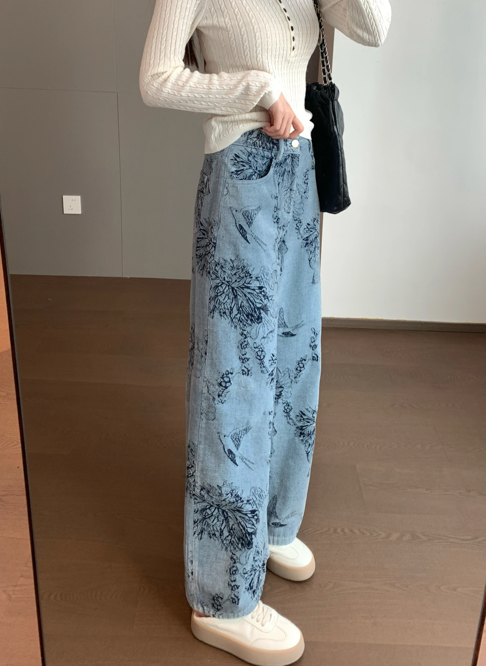 

Новые китайские брюки-чинос с вышивкой водной техникой, высокой талией и широкими штанинами, в стиле шинуазри, из комфортного хлопкового бленда с растительным цветочным принтом