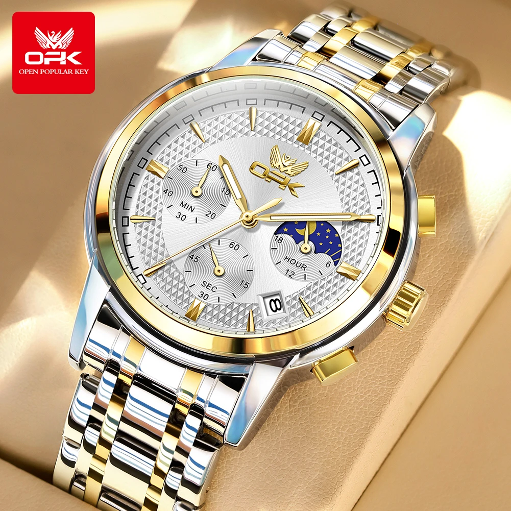 

OPK 6050 Мужские часы 24-часовой хронограф с фазой Луны Водонепроницаемые светящиеся мужские кварцевые наручные часы Модные мужские часы с большим циферблатом