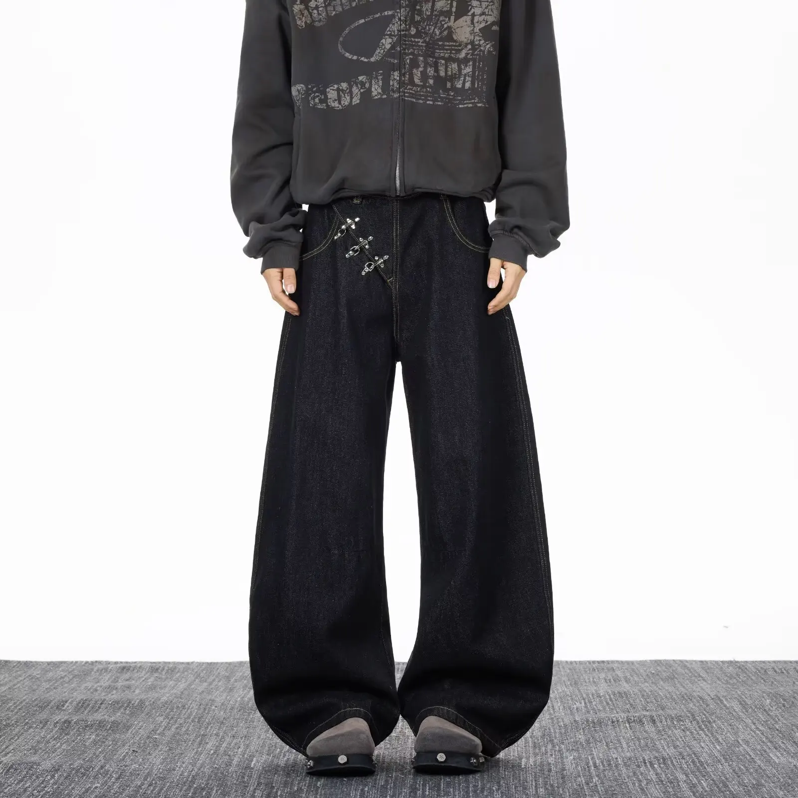 

American High Street Cleanfit Wide Leg Jeans Men Trendy Brand Handsome Loose Knife Pants Middle Waist Zipper Closure Jeans