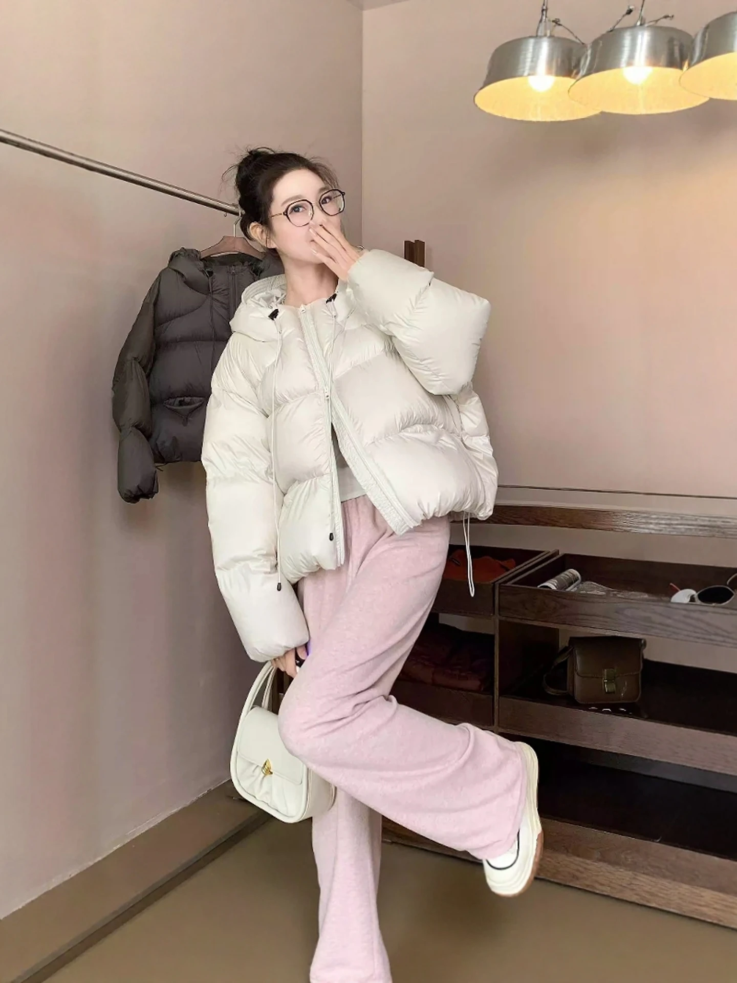 Women's Puffy Hooded down Jaet ort Thi Design Spring Autumn Winter Faion Bread Clothes Outerwear Casual Streetwear