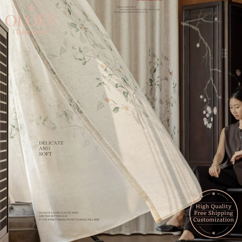 

New Song Dynasty Style Sheer Curtains Chinese Aesthetic Linen Blend Light Filtering with Privacy Bedroom Luxury Window Drapes
