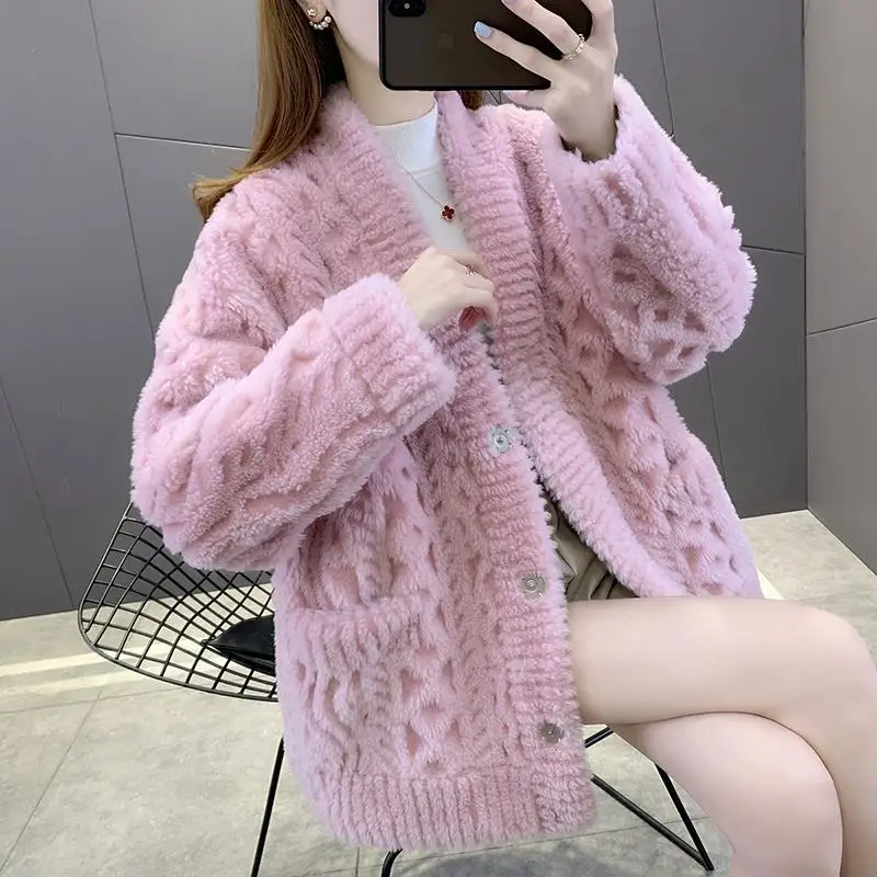 Women Real Fur Coat Winter Jacket Oversize Female Loose V-neck Blends Streetwear Natural Wool High Quality  Outerwear G151