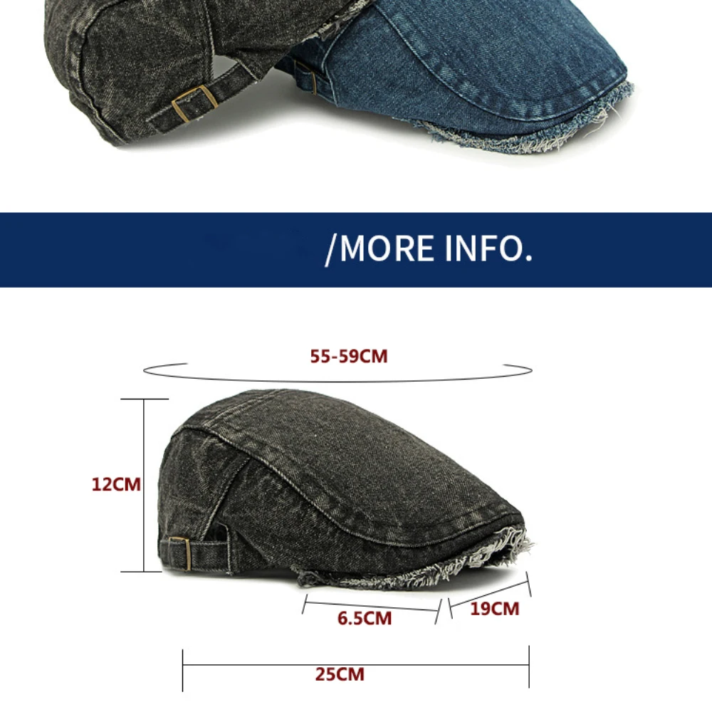 HT4797 Herren- und Damen-Baskenmützen, Einfarbige Baumwoll-Flatcap, Retro Künstler-Mütze für Alle Jahreszeiten, Denim-Baskenmütze – Detail 3
