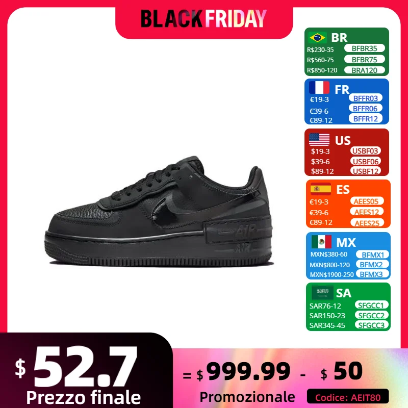 Nike New Air Force 1 Shadow Low Women's board Shoes Comfort breathable Casual Shoes Cushioned and lightweight sneakers black