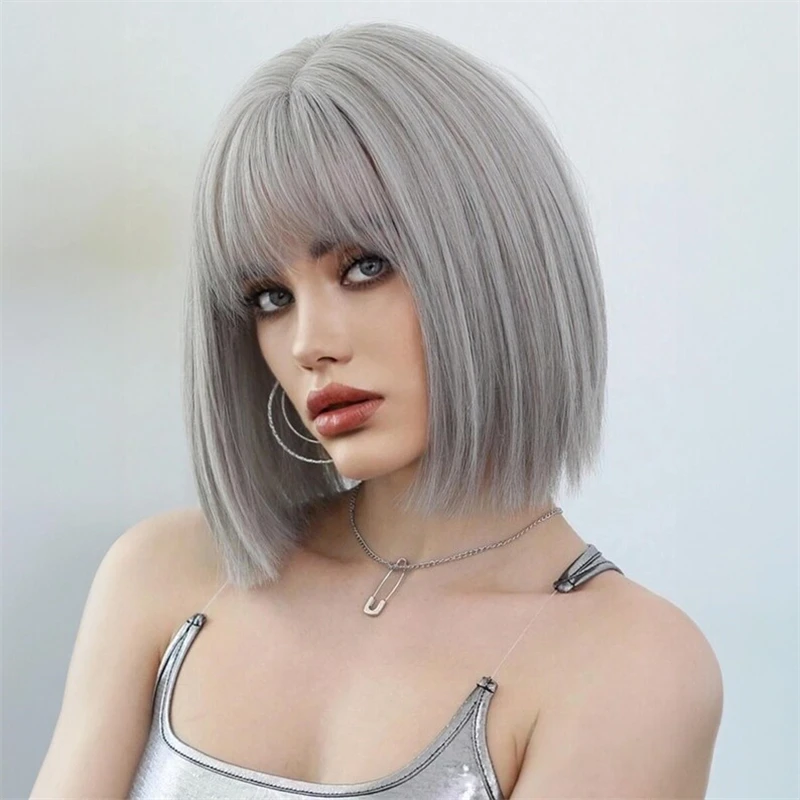 Silver Grey Natural Human Hair Wigs for Women Short Straight Remy Human Hair Wigs with Bangs 12 inch Bob Wigs For Women Daily