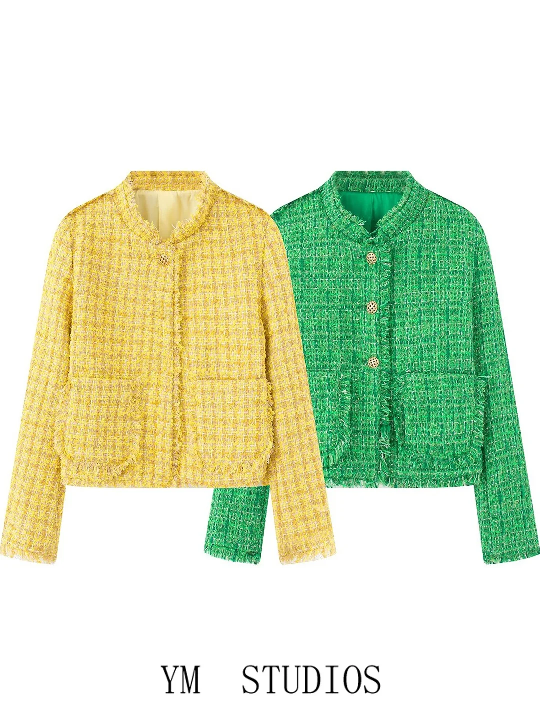 

Ladies' Tweed Texture Woven Jaet Fall Faion Sweetened Fringed Top Warm Straight Cut Sle Long Sve Button Closure Coat