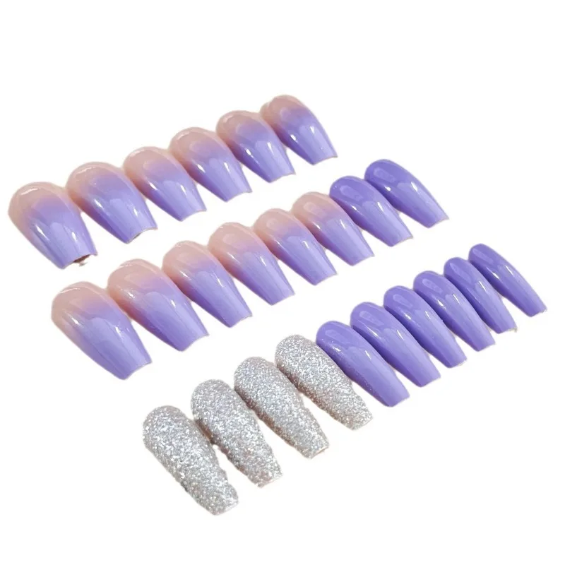 Removíveis Pregos Postiços Franceses, Gradiente Roxo Lantejoulas, Pressione Pregos com Ferramentas, Mais Simples Decorado, Brilho Encantos Design, 24Pcs