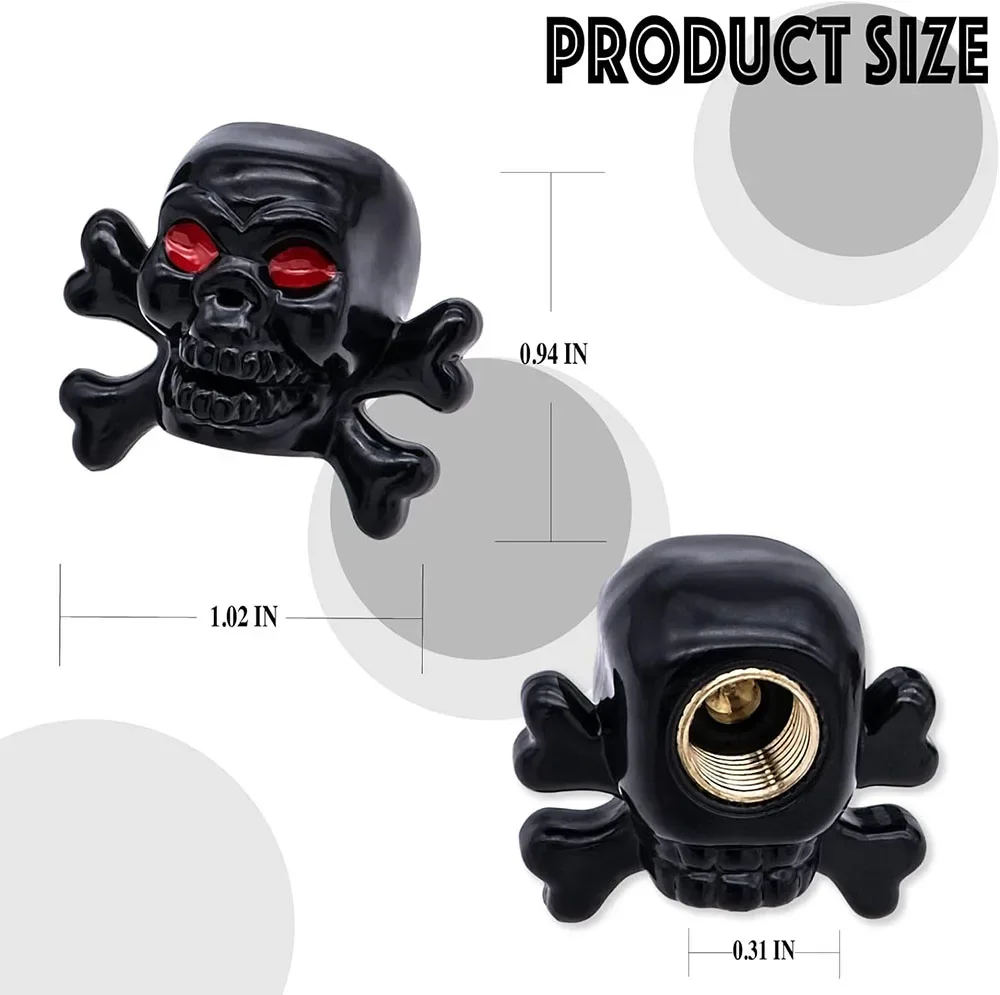 4Pcs Skull Style Tire Valve Stem Caps Dustproof Wheel Valve Covers with Rubber O-Ring for Cars BicyclesTrucks and Motorcycles