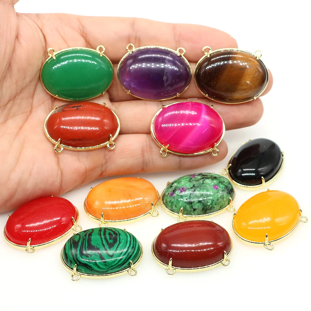 

Natural Stone Oval Cabochon Pendant Two Hole Connector Exquisite Charms For Jewelry DIY Necklace Bracelet Earring Making Gifts