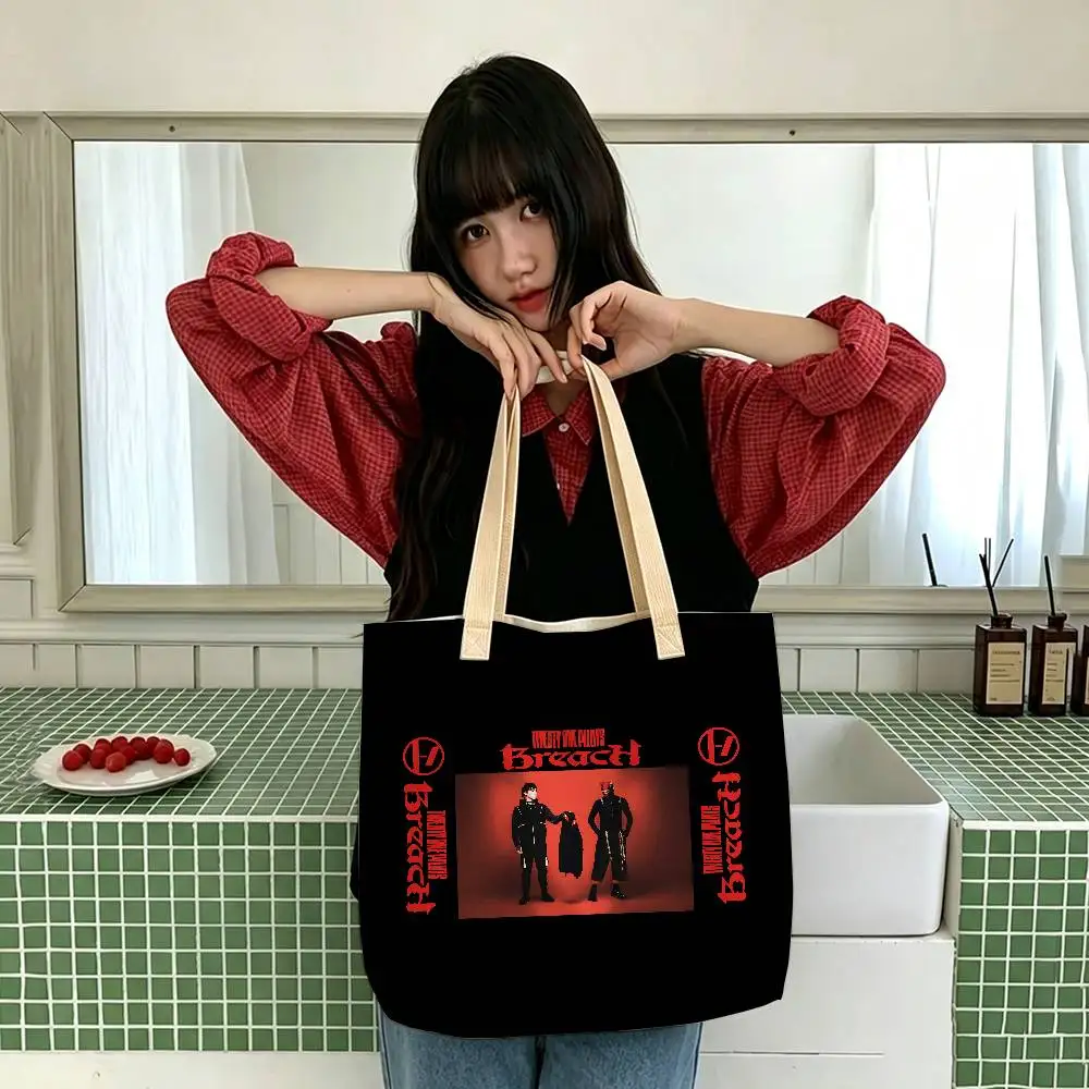 T-Twenty One Pilots Band-Aufbewahrungstaschen, Leinenmischung aus Baumwolle und Polyester, doppelseitige Schulter- und Handtasche, wiederverwendbare, umweltfreundliche Tragetasche. – Detail 10