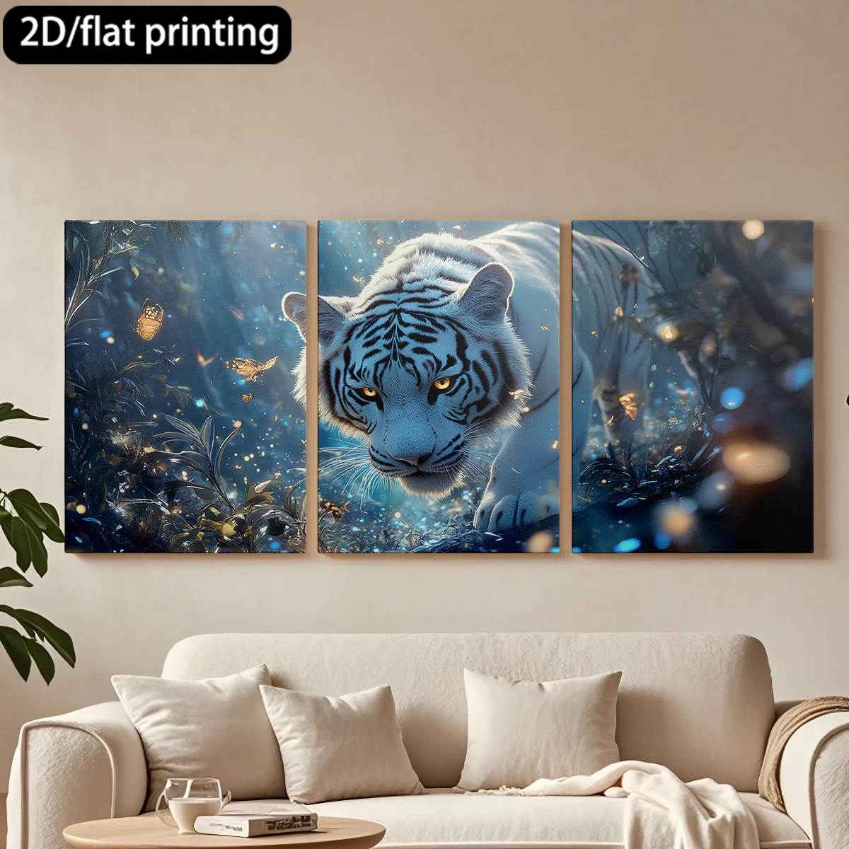 

Набор из 3 картин на холсте в деревянной раме: Очаровательный белый тигр, волшебный лес. Декор для коридора и спальни.