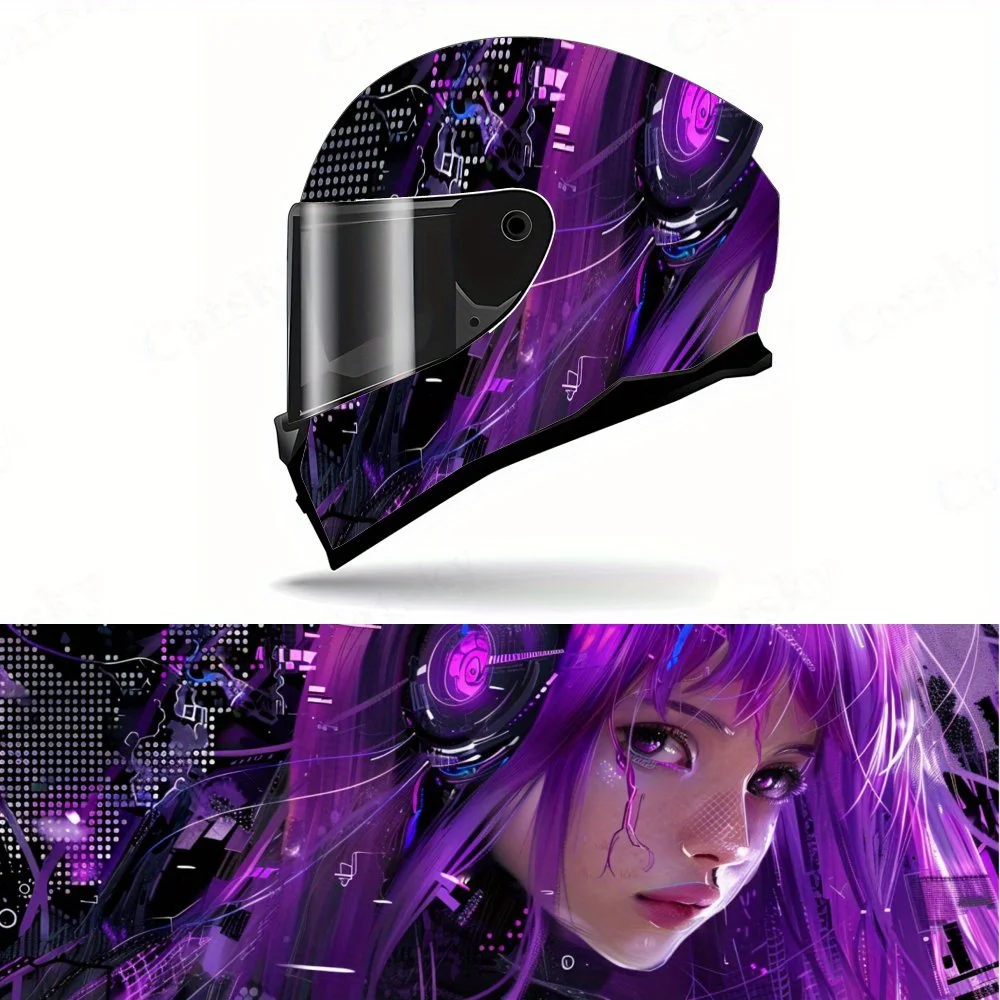 

Artistic futuristic cyberpunk girl with purple hair Full helmet Wrap Sticker Motorcycle helmet Racing graphic Decal Vinyl wrap h